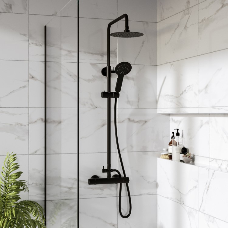 Black Thermostatic Bar Mixer Shower Set with Slide Rail Kit & Hand Shower - Arissa