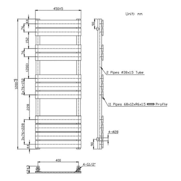 Black Towel Radiator 1200 x 450mm - Tundra