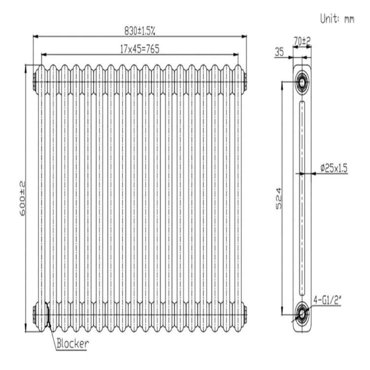 Black Horizontal 2 Column Traditional Radiator 600 x 830mm - Nambi