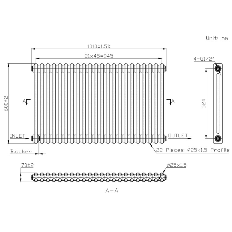 Black Horizontal 2 Column Traditional Radiator 600 x 1010mm - Nambi