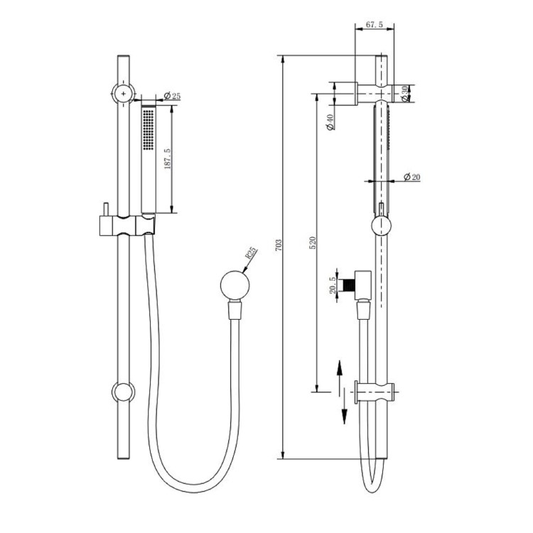 Brushed Brass Round Adjustable Height Slide Rail Kit with Hand Shower - Vance