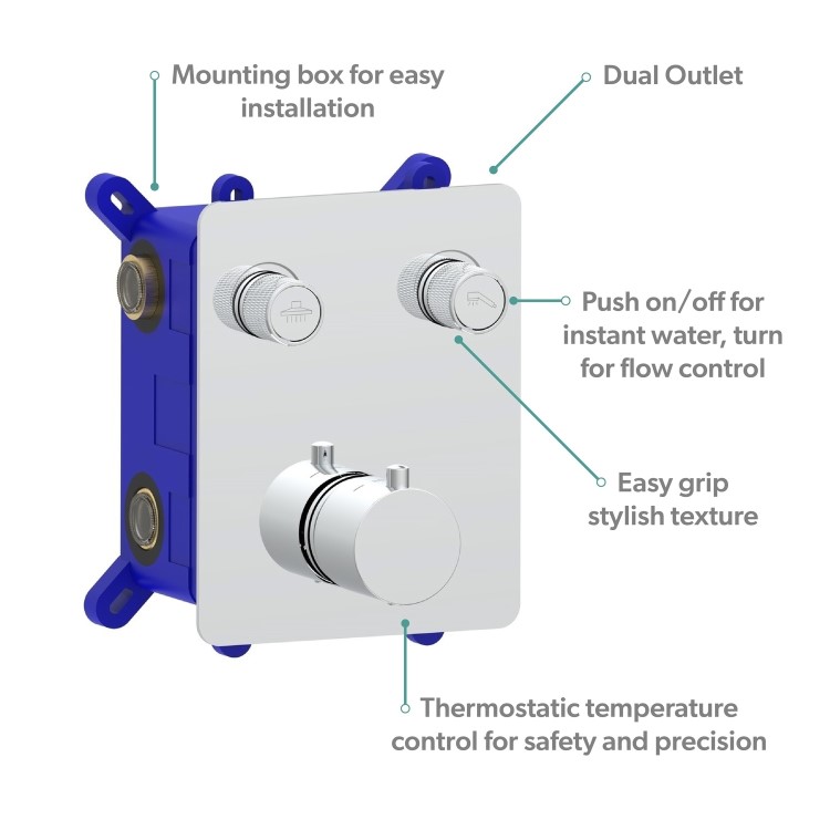 Chrome 2 Outlet Concealed Thermostatic Shower Valve with 2 Function Push Button - Vance