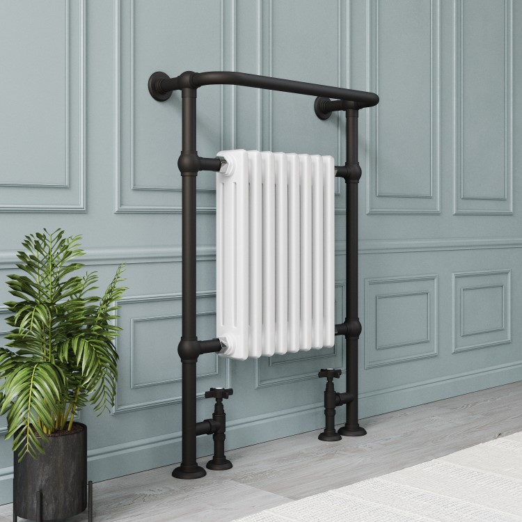 White and Black Traditional Column Radiator with Towel Rail 952 x 659mm - Regent