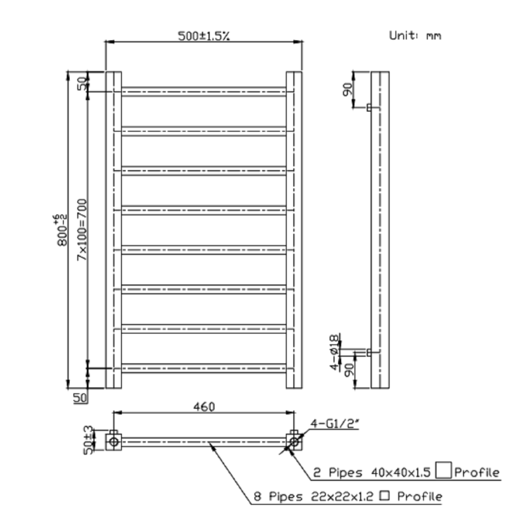 Brass Towel Radiator 800 x 500mm - Sonoran