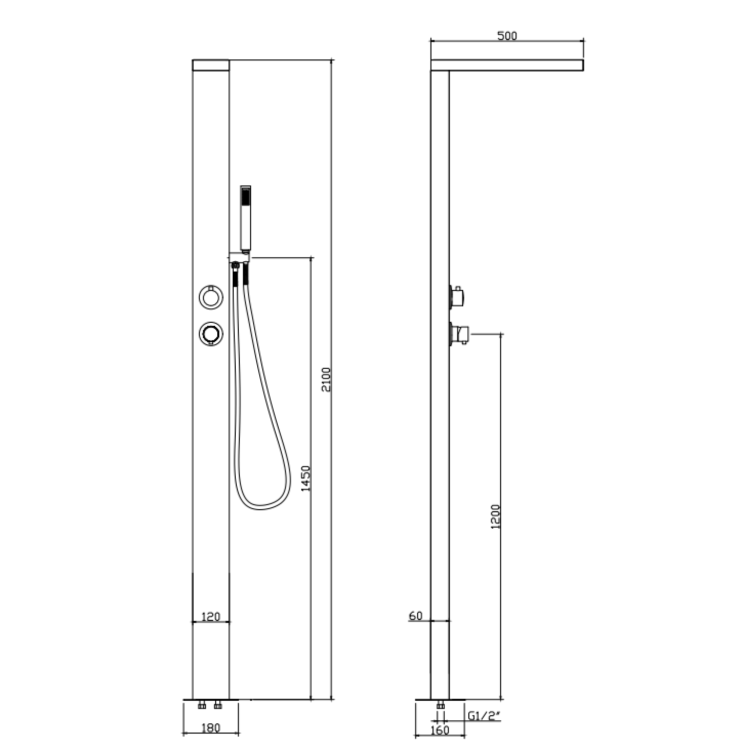 Chrome Outdoor Shower with Pencil Hand Shower 2 Outlets - Suva