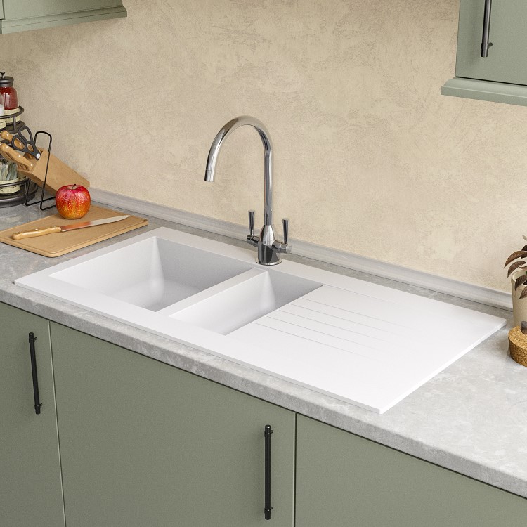 1.5 Bowl White Composite Kitchen Sink with Reversible Drainer - Essence Amelia