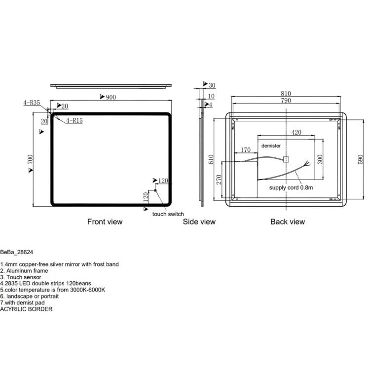 GRADE A1 - Rectangular LED Bathroom Mirror with Demister 900 x 700mm - Ariel