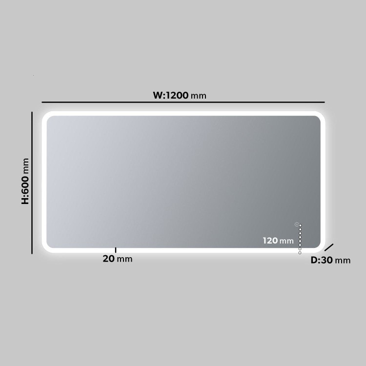 Rectangular Heated Bathroom Mirror with Lights 1200 x 600m -Ariel