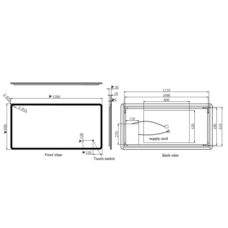 GRADE A1 - Rectangular LED Bathroom Mirror with Demister 1200 x 600m -Ariel