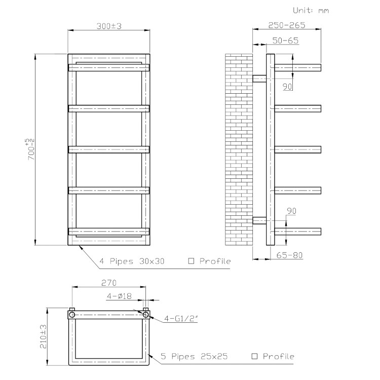 Black Vertical Heated Towel Shelf Radiator 700 x 300mm - Cairo