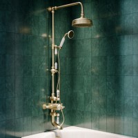 Brushed Brass Traditional Thermostatic Mixer Shower Set with Bath Filler Spout - Slide Rail Kit & Hand Shower - Camden