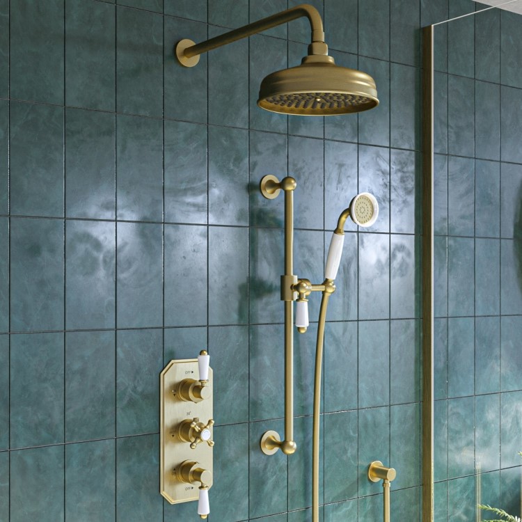 Brushed Brass Dual Outlet Wall Mounted Thermostatic Mixer Shower Set with Hand Shower - Cambridge