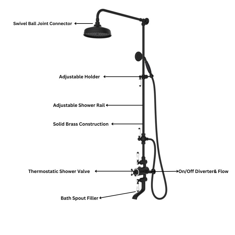 Black Traditional Thermostatic Mixer Shower Set with Bath Filler Spout -Slide Rail Kit & Hand Shower - Camden