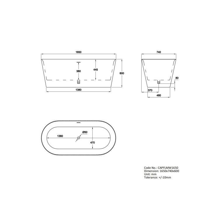 Matt White Freestanding Fluted Double Ended Bath 1650 x 740mm - Capri