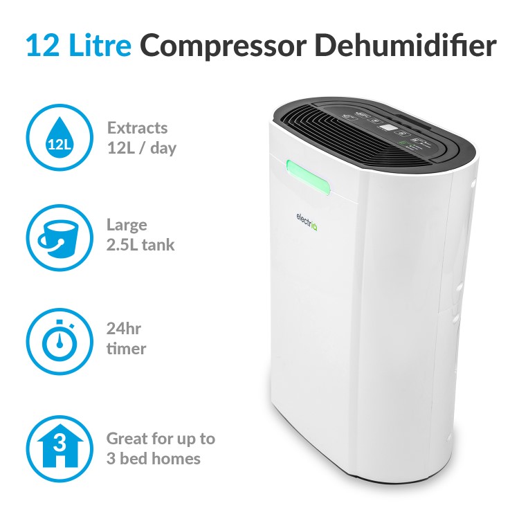 Refurbished electriQ 12L Smart Wi-Fi Alexa Dehumidifier for up to 3 bed house with Air Purifier