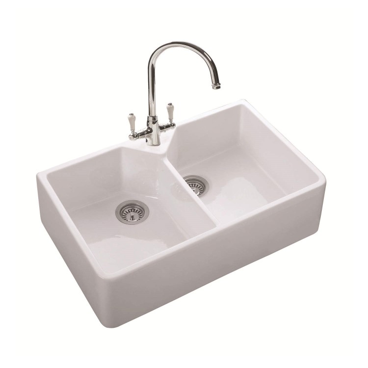 GRADE A1 - Rangemaster Belfast Double Bowl 800x490 2.0 Bowl Ceramic Sink White