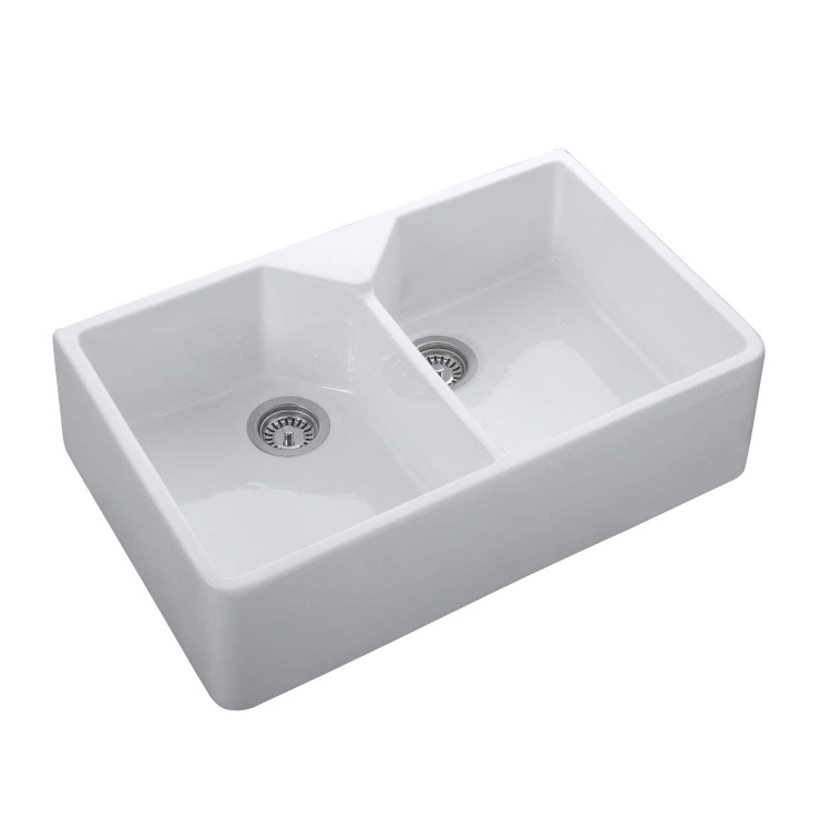 GRADE A1 - Rangemaster Belfast Double Bowl 800x490 2.0 Bowl Ceramic Sink White