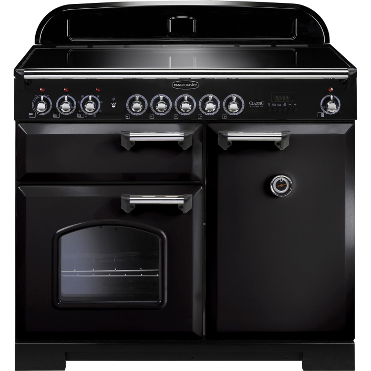 Rangemaster CDL100EIBLC Classic Deluxe 100cm Electric Range Cooker with Induction Hob in Black and Chrome