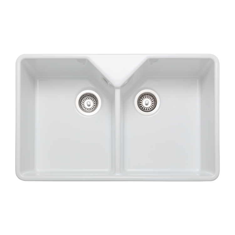 GRADE A1 - Rangemaster Belfast Double Bowl White Ceramic Kitchen Sink