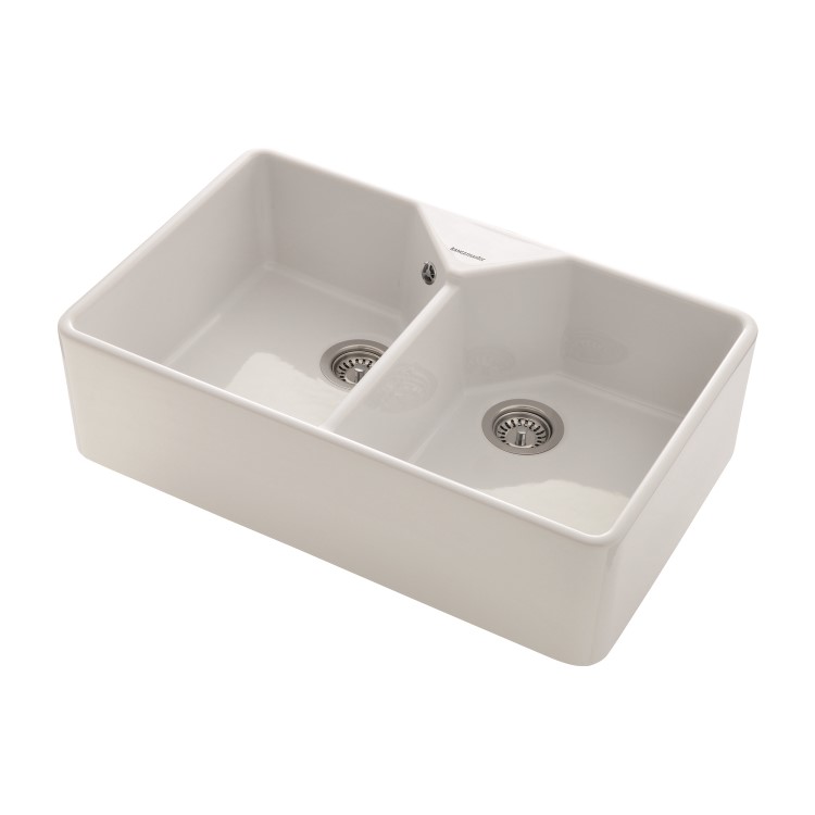 GRADE A1 - Rangemaster Belfast Double Bowl White Ceramic Kitchen Sink