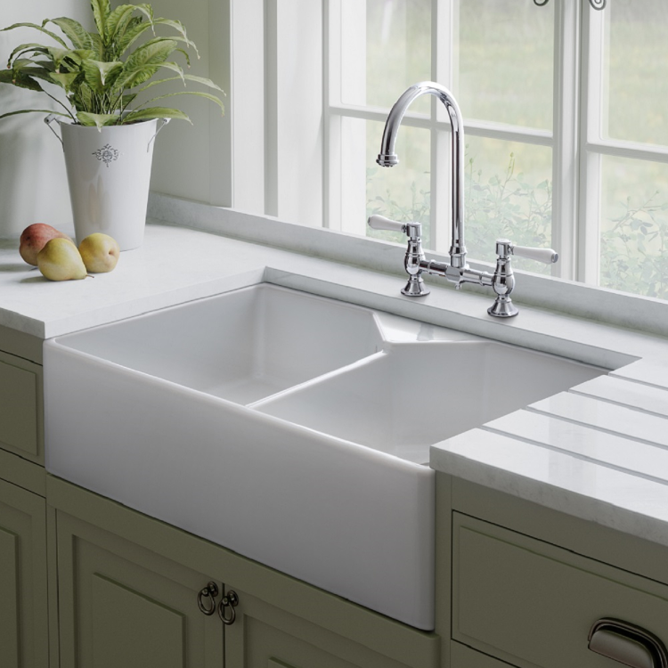 GRADE A1 - Rangemaster Belfast Double Bowl White Ceramic Kitchen Sink