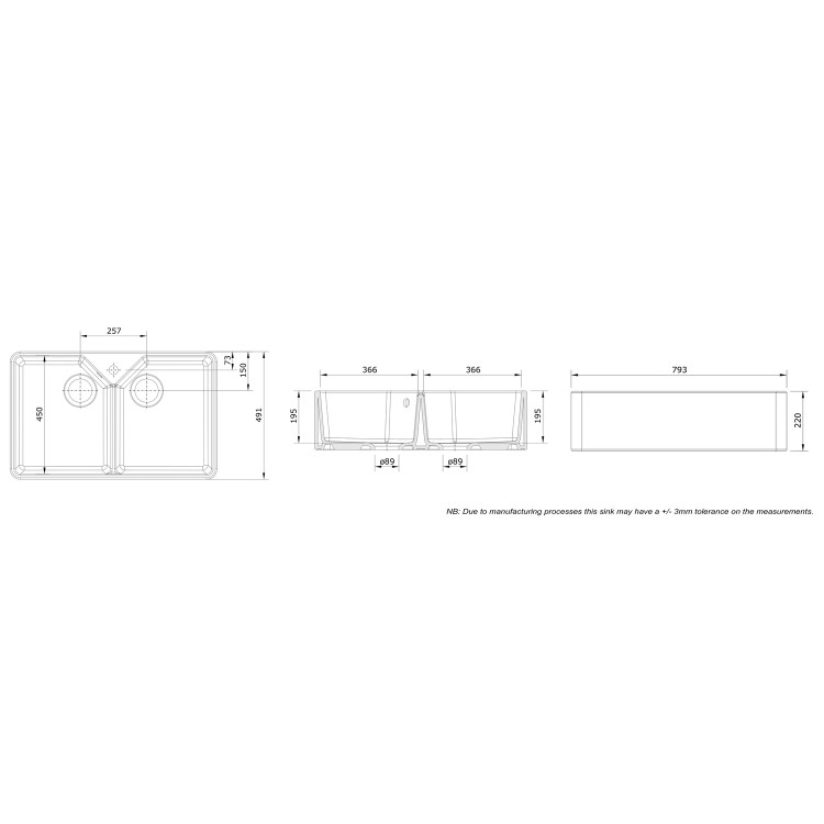 GRADE A1 - Rangemaster Belfast Double Bowl White Ceramic Kitchen Sink