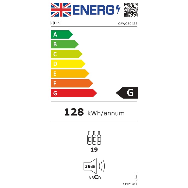 CDA 19 Bottle Capacity Single Zone Freestanding 30cm Under Counter Wine Cooler - Stainless Steel