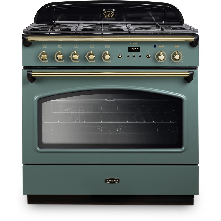 Rangemaster Classic 90cm Dual Fuel Range Cooker- Mineral Green & Brass