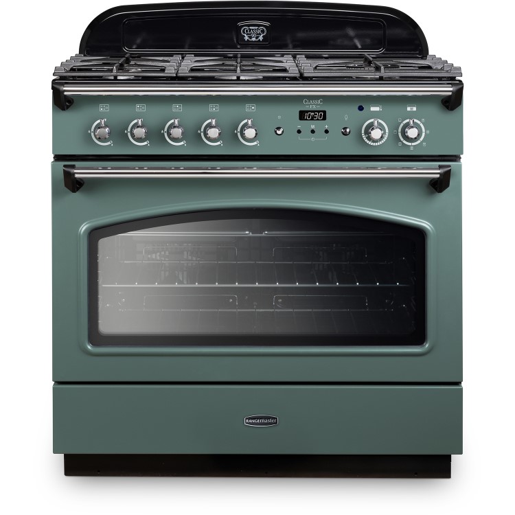 Rangemaster Classic 90cm Dual Fuel Range Cooker - Mineral Green & Chrome