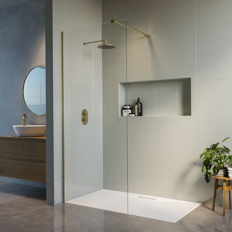 1000mm Wet Room Shower Screen Brushed Brass Frameless with Wall Support Bar - Corvus