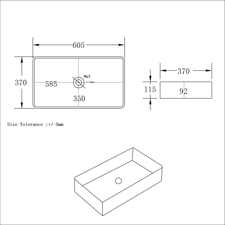 GRADE A1 - White Rectangular Countertop Basin 605mm - Corey