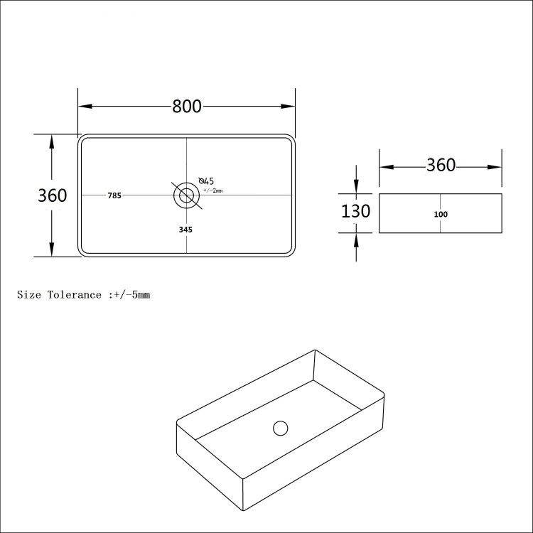 GRADE A1 - White Rectangular Countertop Basin 800mm - Corey