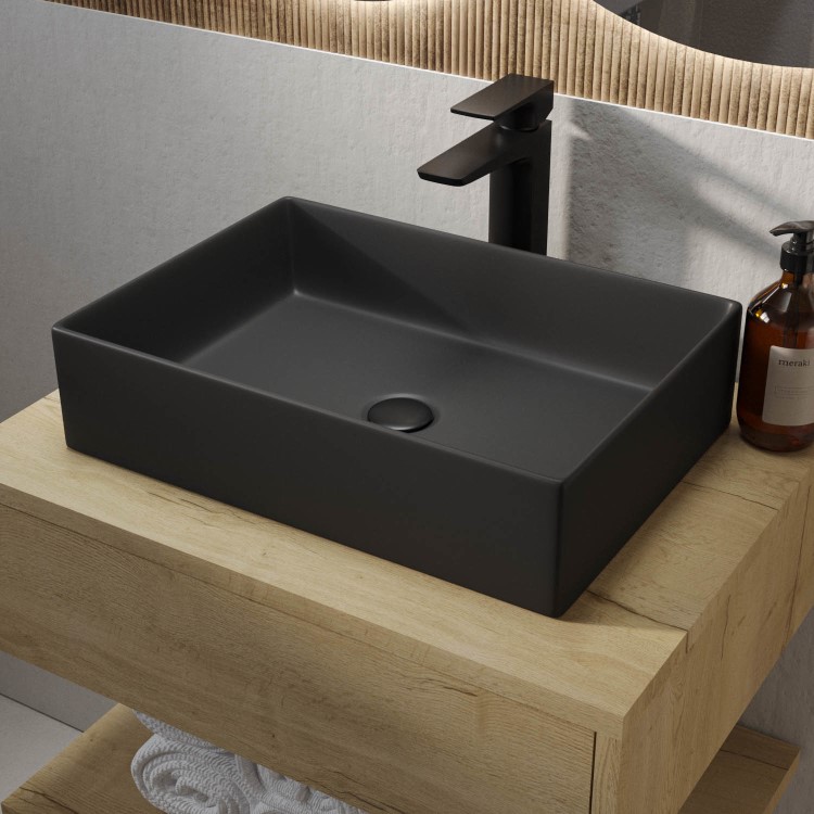 GRADE A1 - Matt Black Rectangular Countertop Basin 450mm - Corey