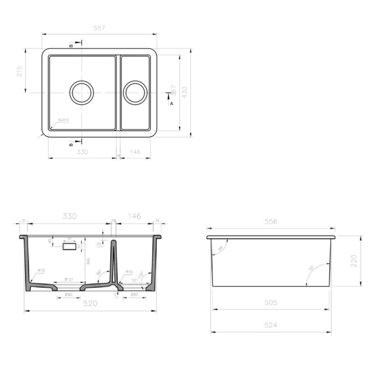 Rangemaster Rustique 1.5 Bowl Undermount and Inset White Ceramic Kitchen Sink