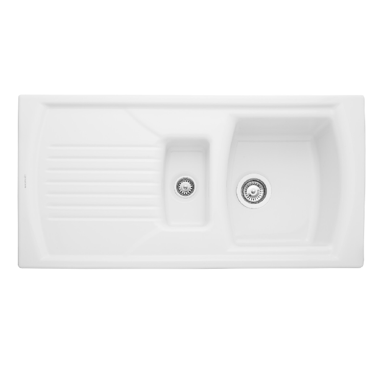 Rangemaster Tenby 1.5 Bowl Inset White Ceramic Kitchen Sink with Reversible Drainer