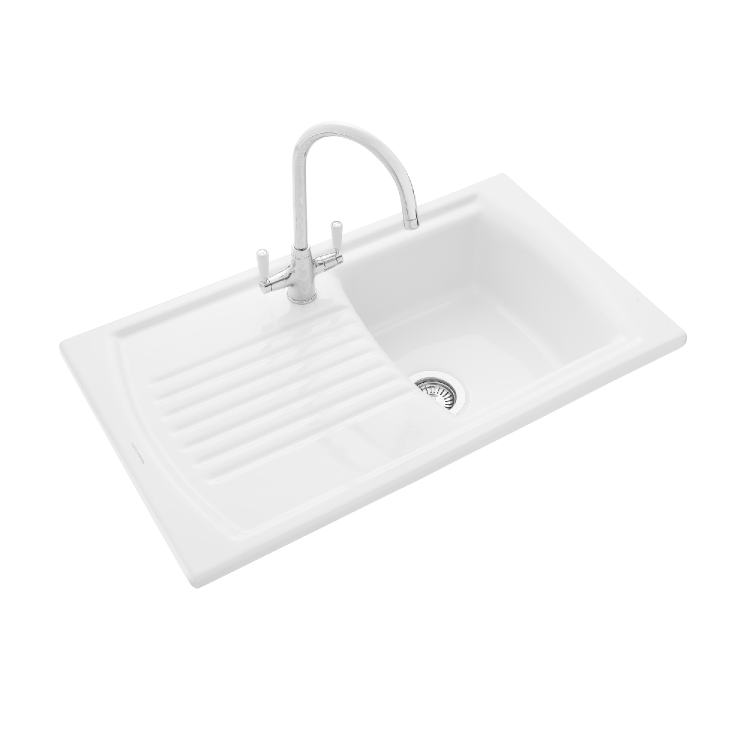 Rangemaster Tenby Single Bowl Inset White Ceramic Kitchen Sink with Reversible Drainer