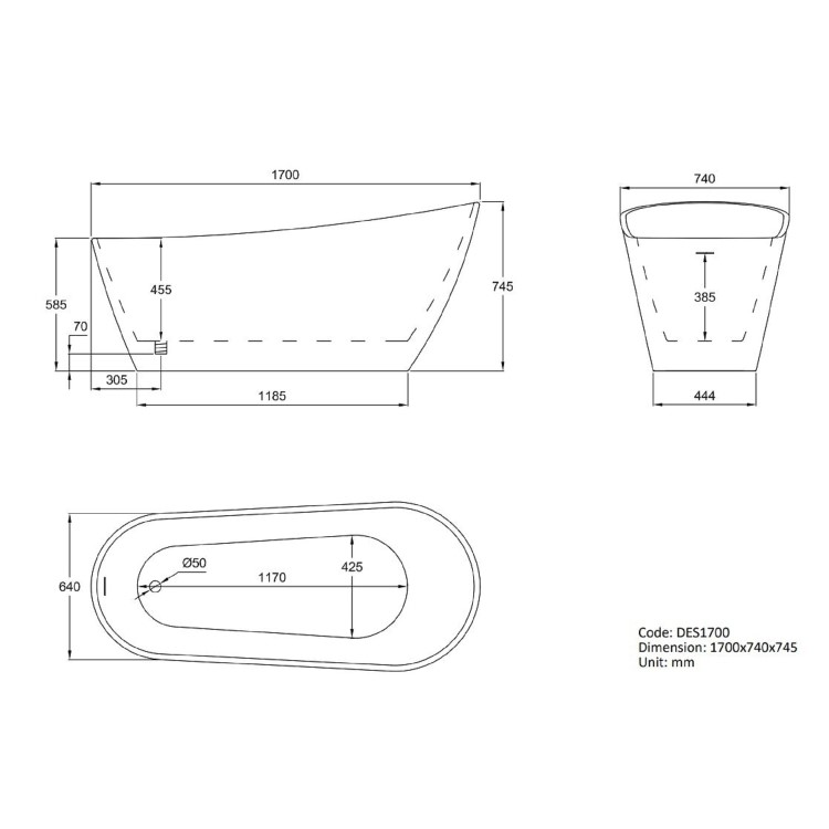 Freestanding Single Ended Slipper Bath 1700 x 740mm - Design