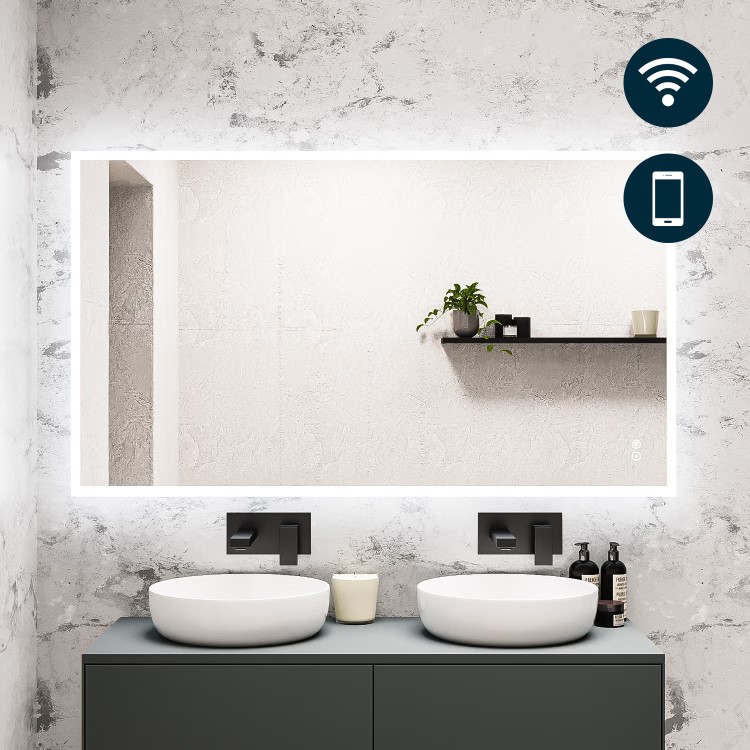 Rectangular Heated Bathroom Mirror with Lights Shaver Socket & Bluetooth Speaker 1400 x 800mm - Divine