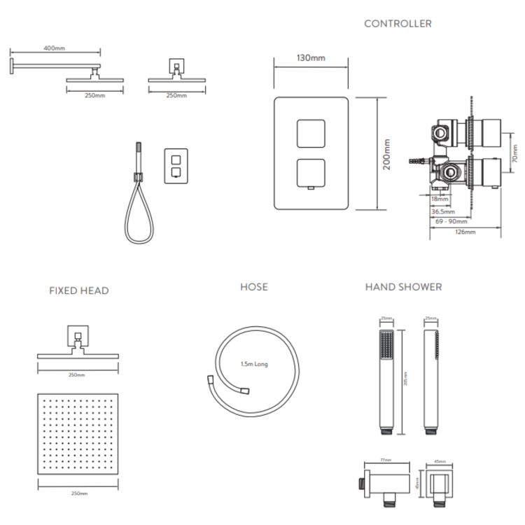 Aqualisa Dream Thermostatic Mixer Shower with Hand Shower and Wall Fixed Head - Square