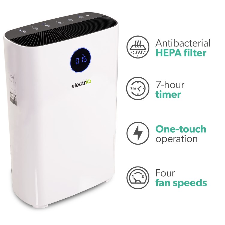 Refurbished electriQ Anti Bacterial PM2.5 HEPA Air Purifier with Air Quality Display and Timer for up to 120 sqm rooms