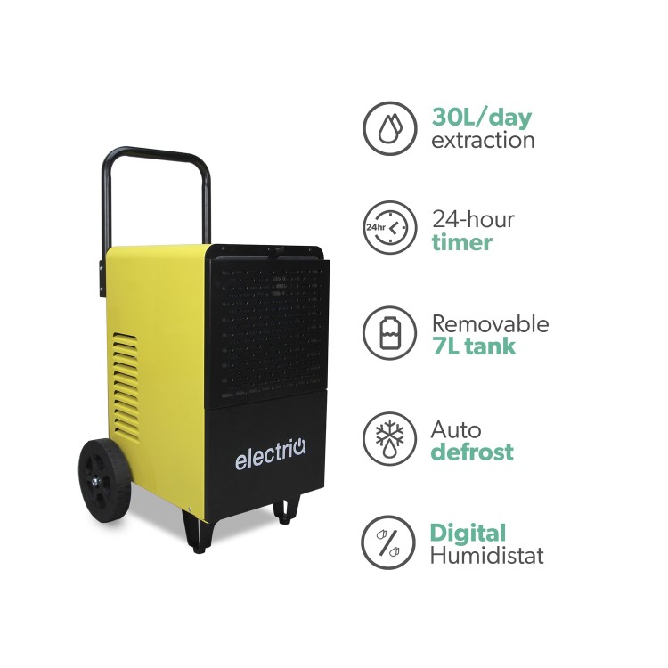 electriQ 30L Industrial Portable Dehumidifier with Metal Body & Large Wheels