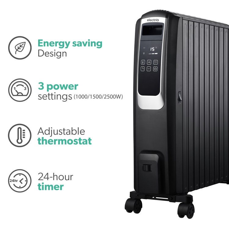 electriQ 2500W Smart Oil Filled Radiator with Thermostat and Weekly Timer - Black