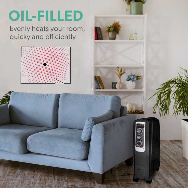 electriQ 2500W Smart Oil Filled Radiator with Thermostat and Weekly Timer - Black