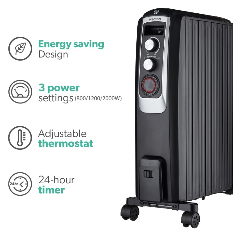 electriQ 2000W Oil Filled Radiator with Thermostat and 24 hr Timer - Black