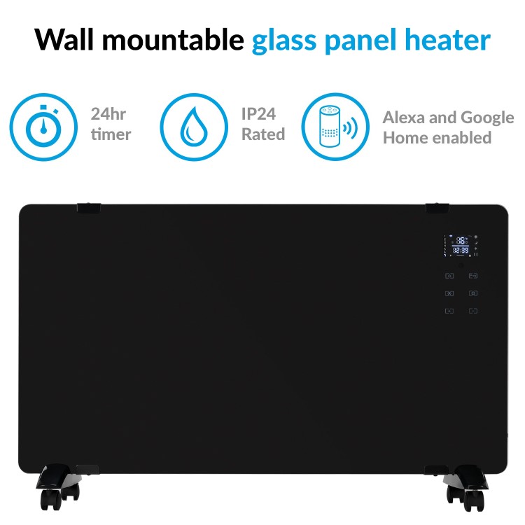 electriQ 2000W Smart Designer Glass Panel Heater - Wall Mountable & Bathroom Safe - Black