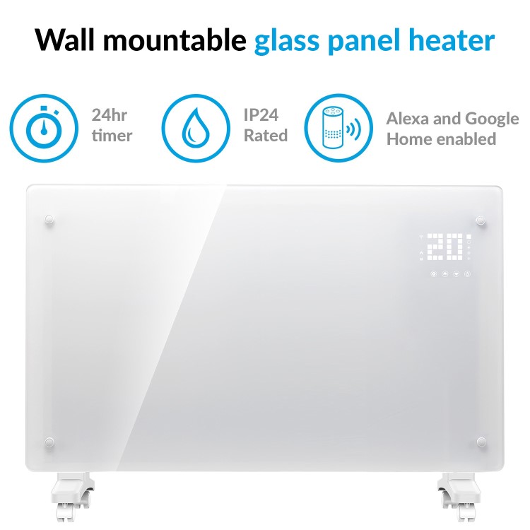 electriQ 2500W Smart Designer Glass Panel Convection Heater - Wall Mountable & Bathroom Safe - White