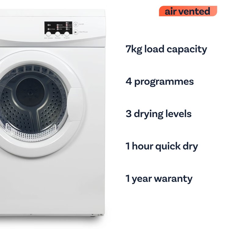 electriQ 7kg Vented Tumble Dryer - White