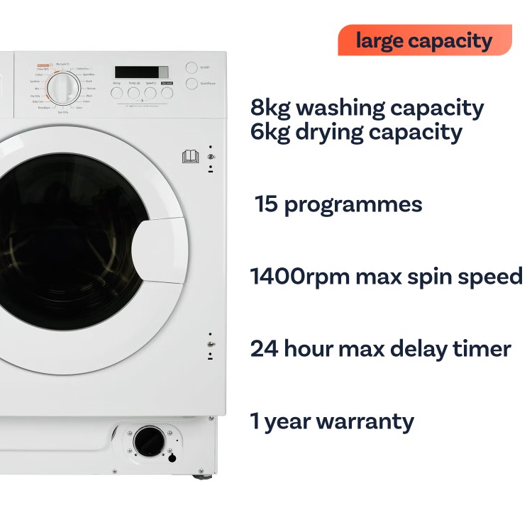 electriQ 8kg Wash 6kg Dry 1400rpm Integrated Washer Dryer - White