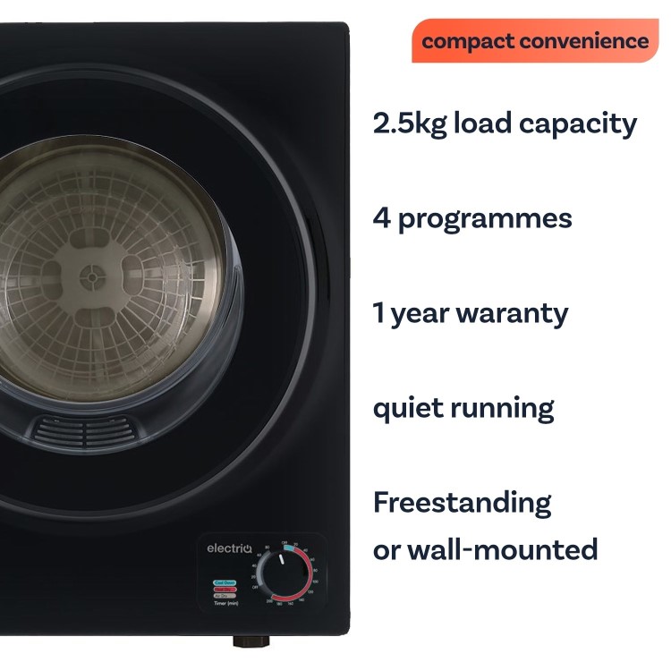 electriQ 2.5kg Mini Compact Vented Tumble Dryer - Black