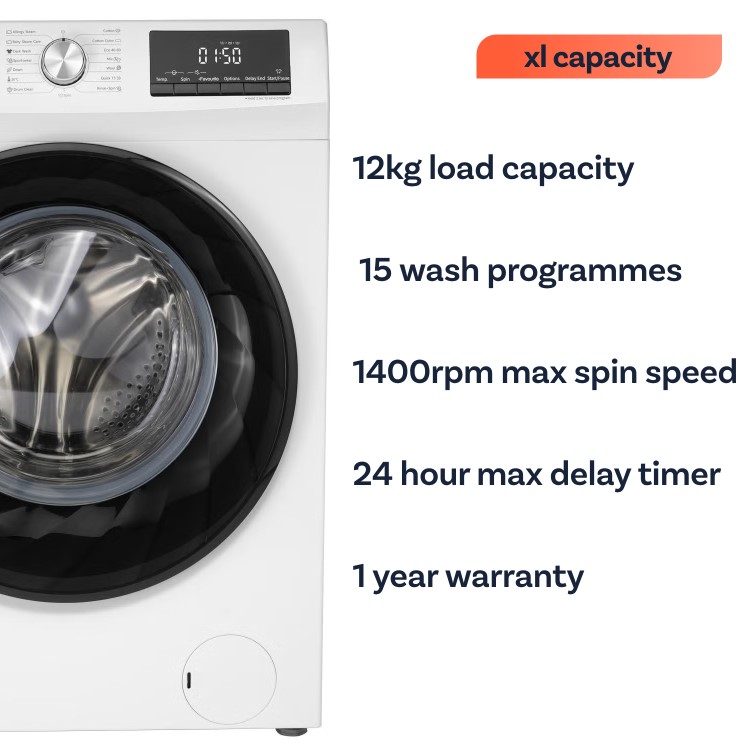 electriQ 12kg 1400rpm Washing Machine - White